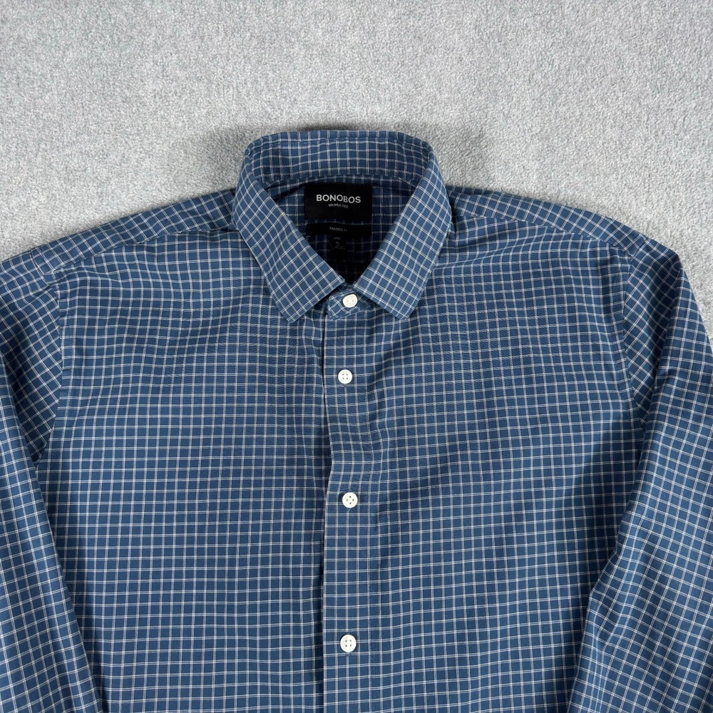 Bonobos Shirt Mens XL Blue Check Tailored Fit Long Wrinkle Free Button Up
